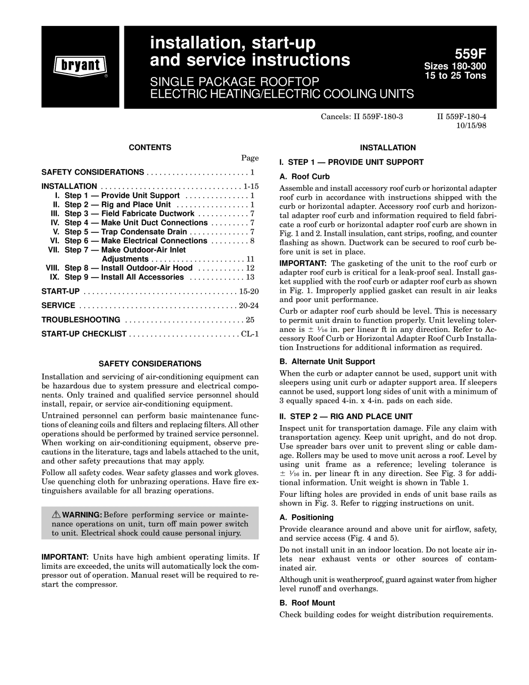 Bryant 559F operation manual Contents, Safety Considerations, Installation Provide Unit Support, II. Ð RIG and Place Unit 