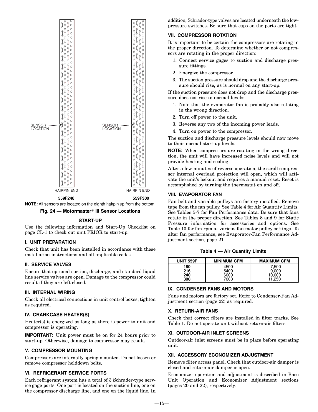 Bryant 559F Start-Up, Unit Preparation, II. Service Valves, III. Internal Wiring, IV. Crankcase Heaters, RETURN-AIR Fans 