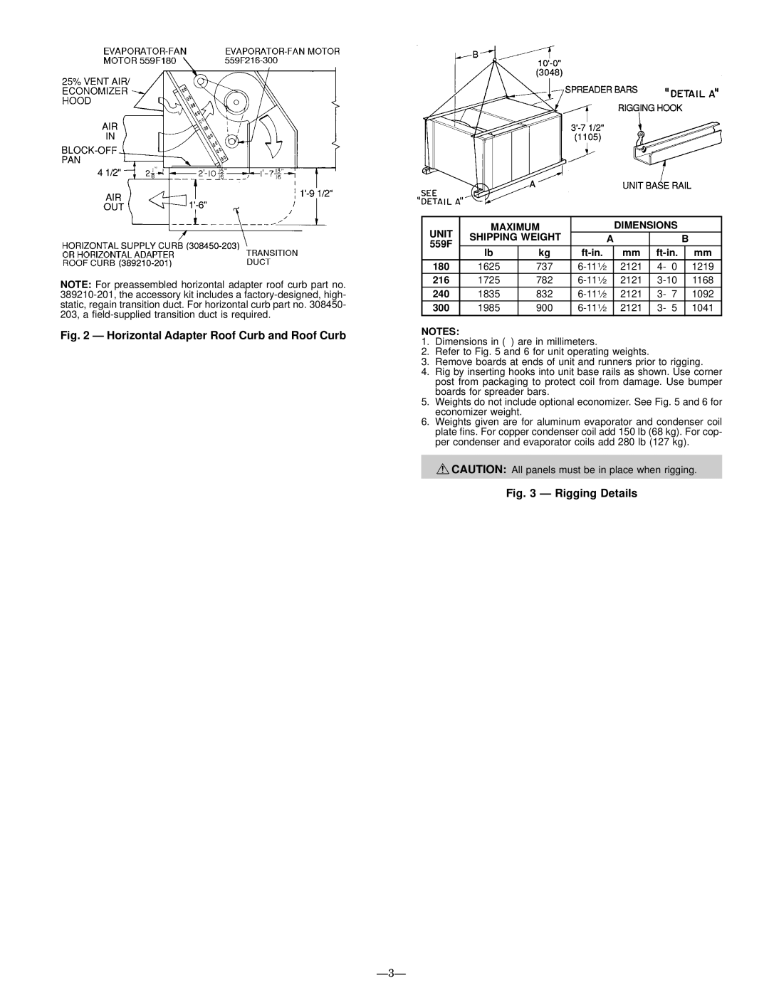 Bryant operation manual Unit Maximum Dimensions Shipping Weight, 559F Ft-in 180, 216, 240, 300 