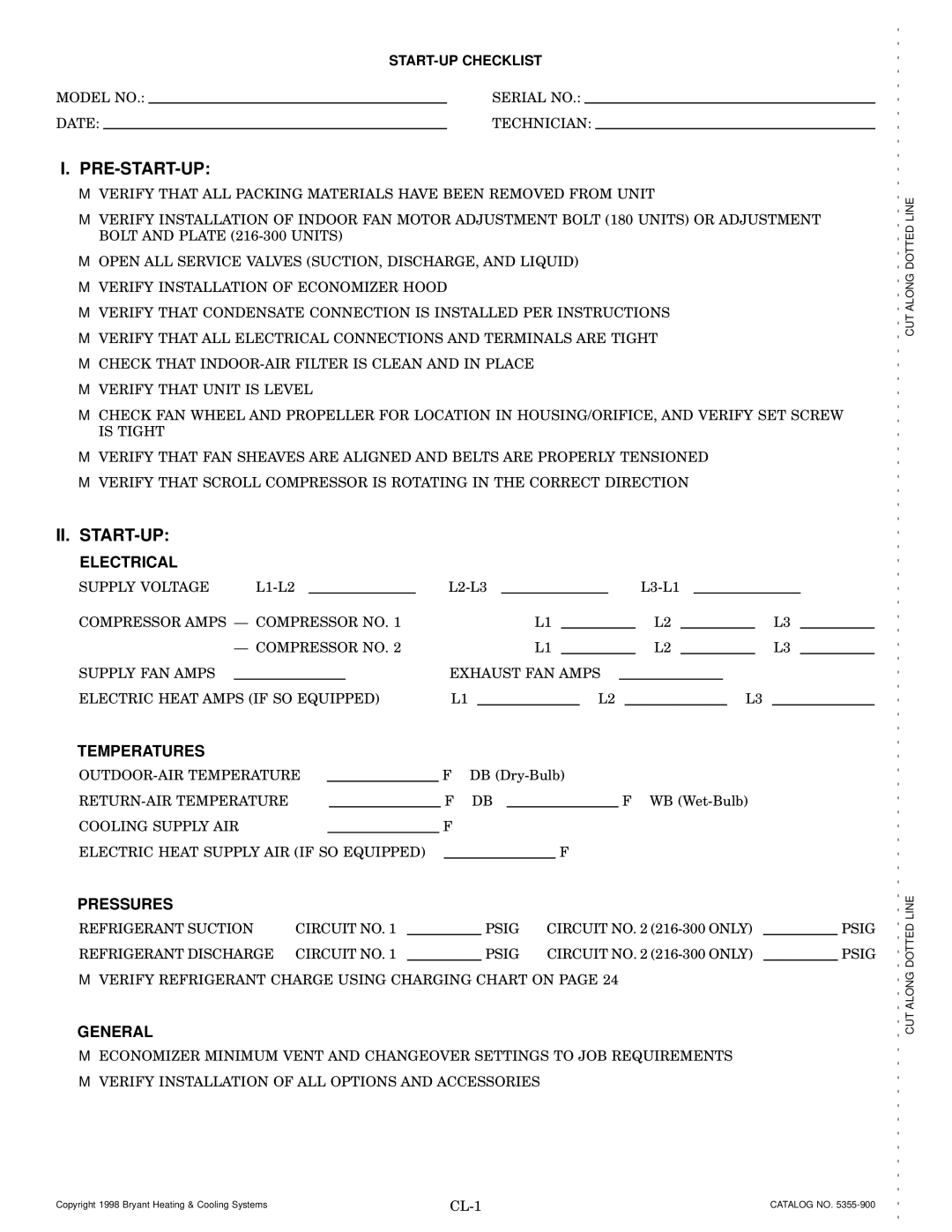 Bryant 559F operation manual Pre-Start-Up, START-UP Checklist 