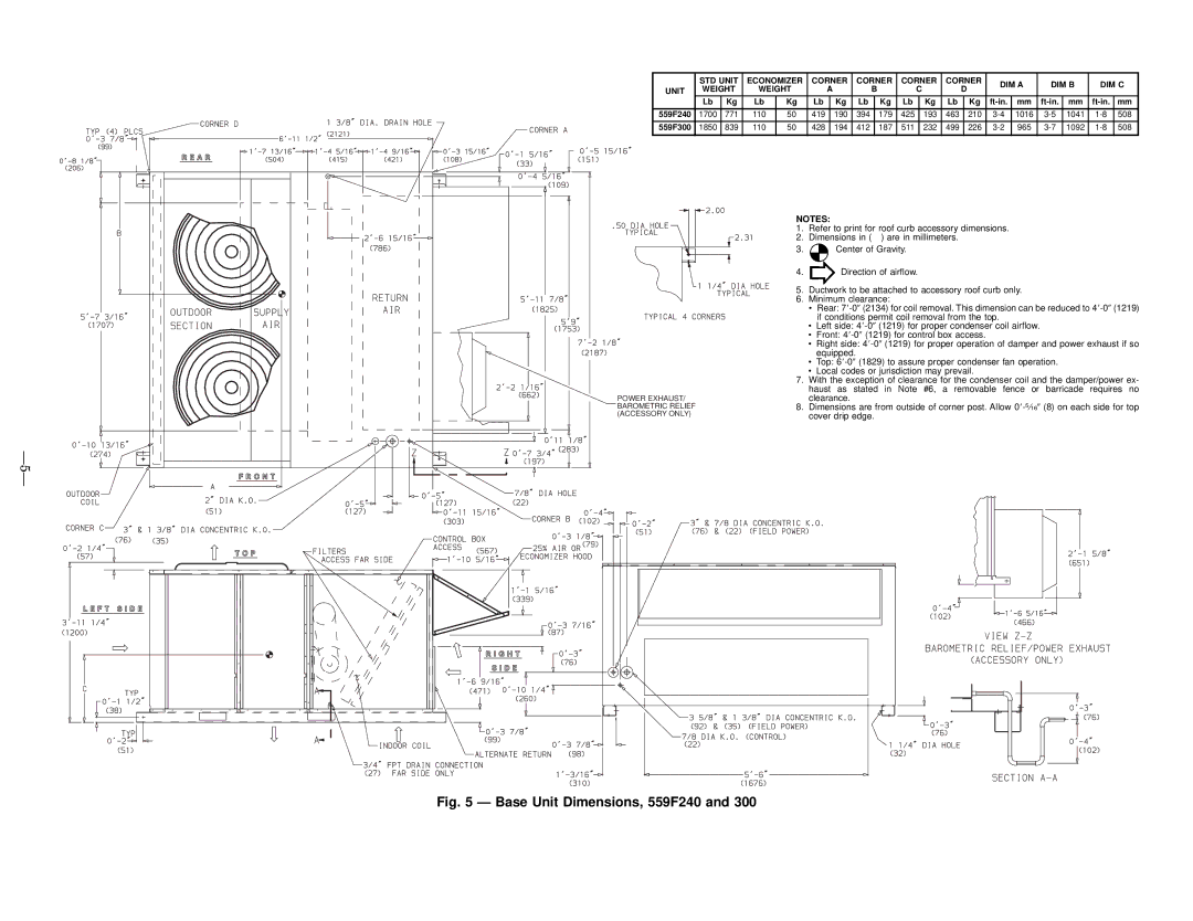 Bryant operation manual Base Unit Dimensions, 559F240 