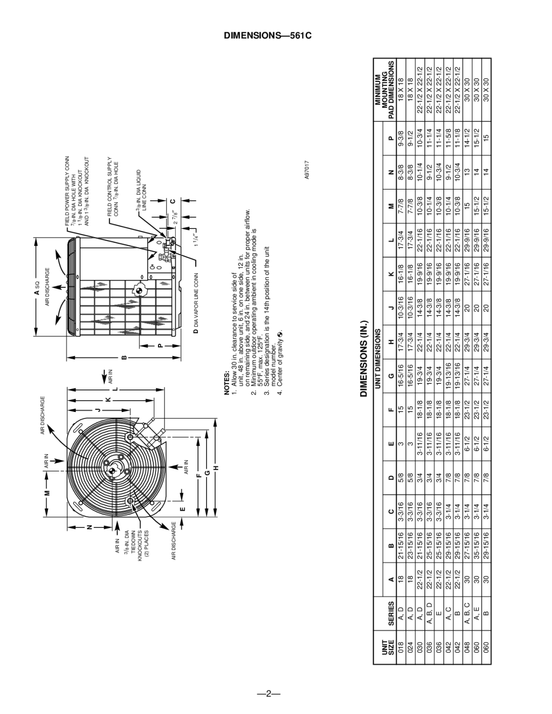 Bryant warranty DIMENSIONS-561C, Unit Dimensions Minimum Mounting Size 