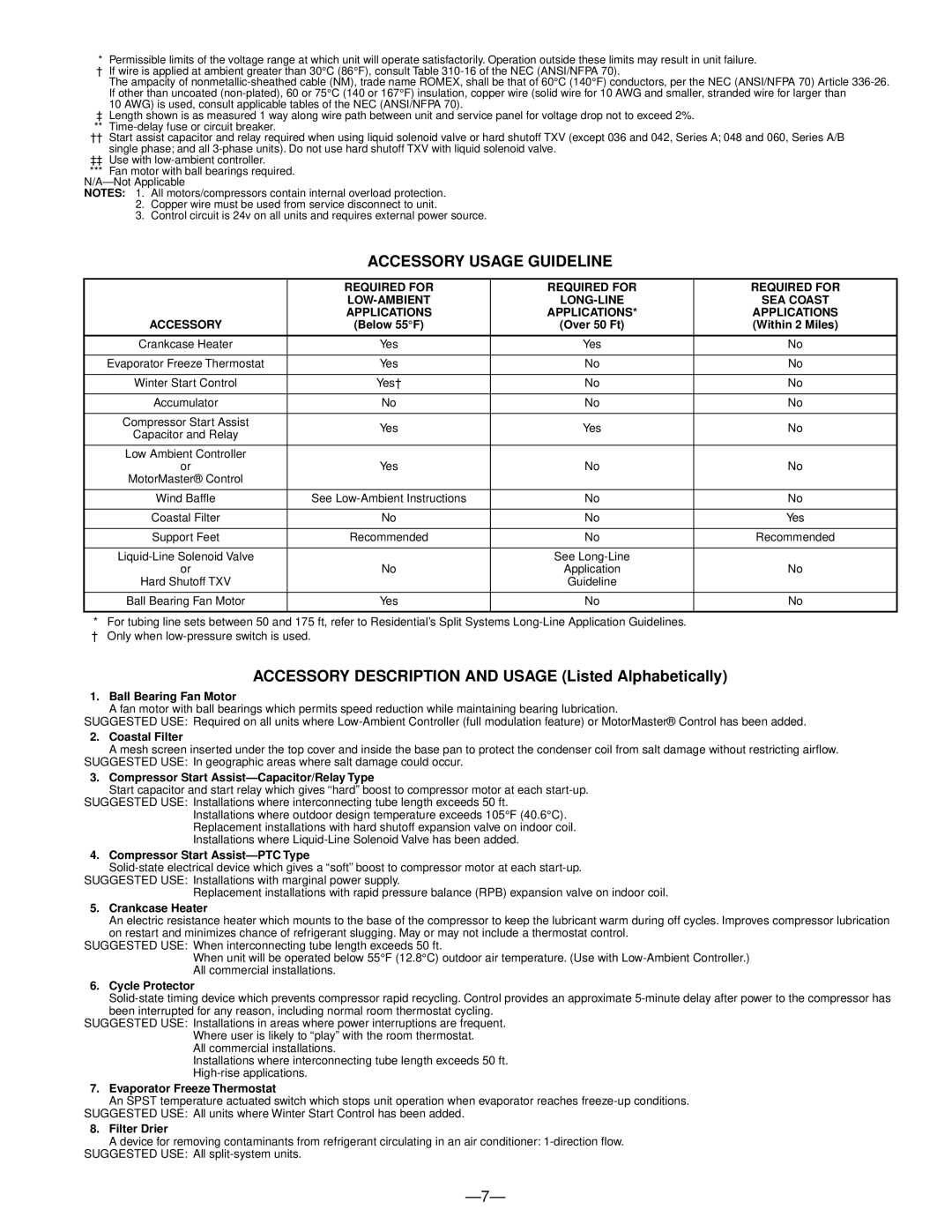 Bryant 561C warranty Accessory Usage Guideline, Required for LOW-AMBIENT LONG-LINE SEA Coast, Applications 