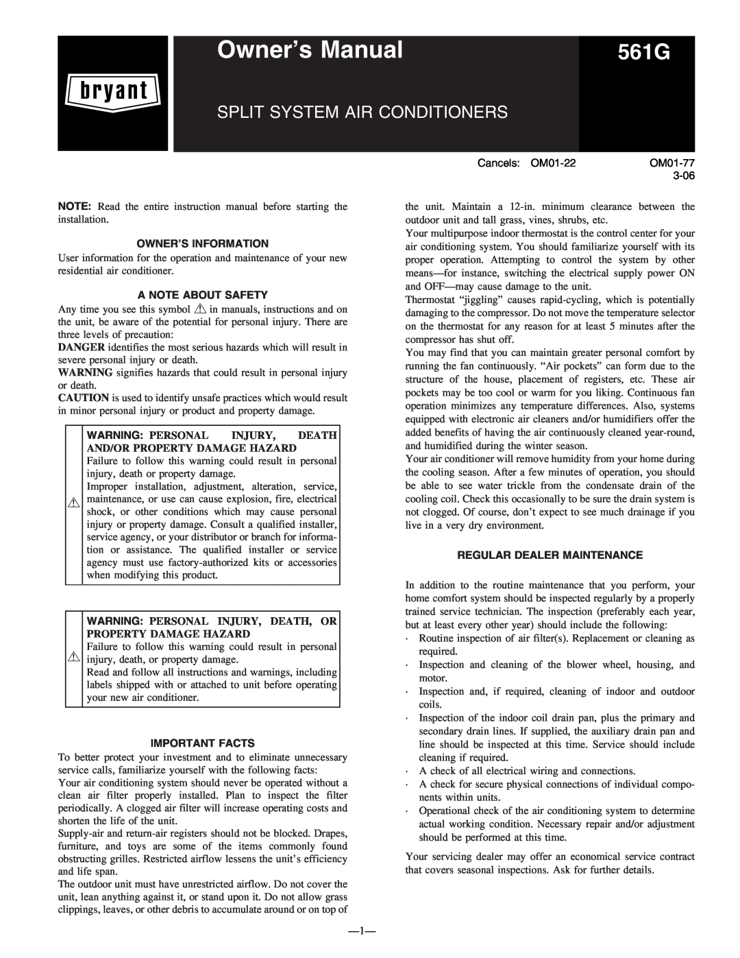 Bryant 561G owner manual Owner’S Information, A Note About Safety, Important Facts, Regular Dealer Maintenance 