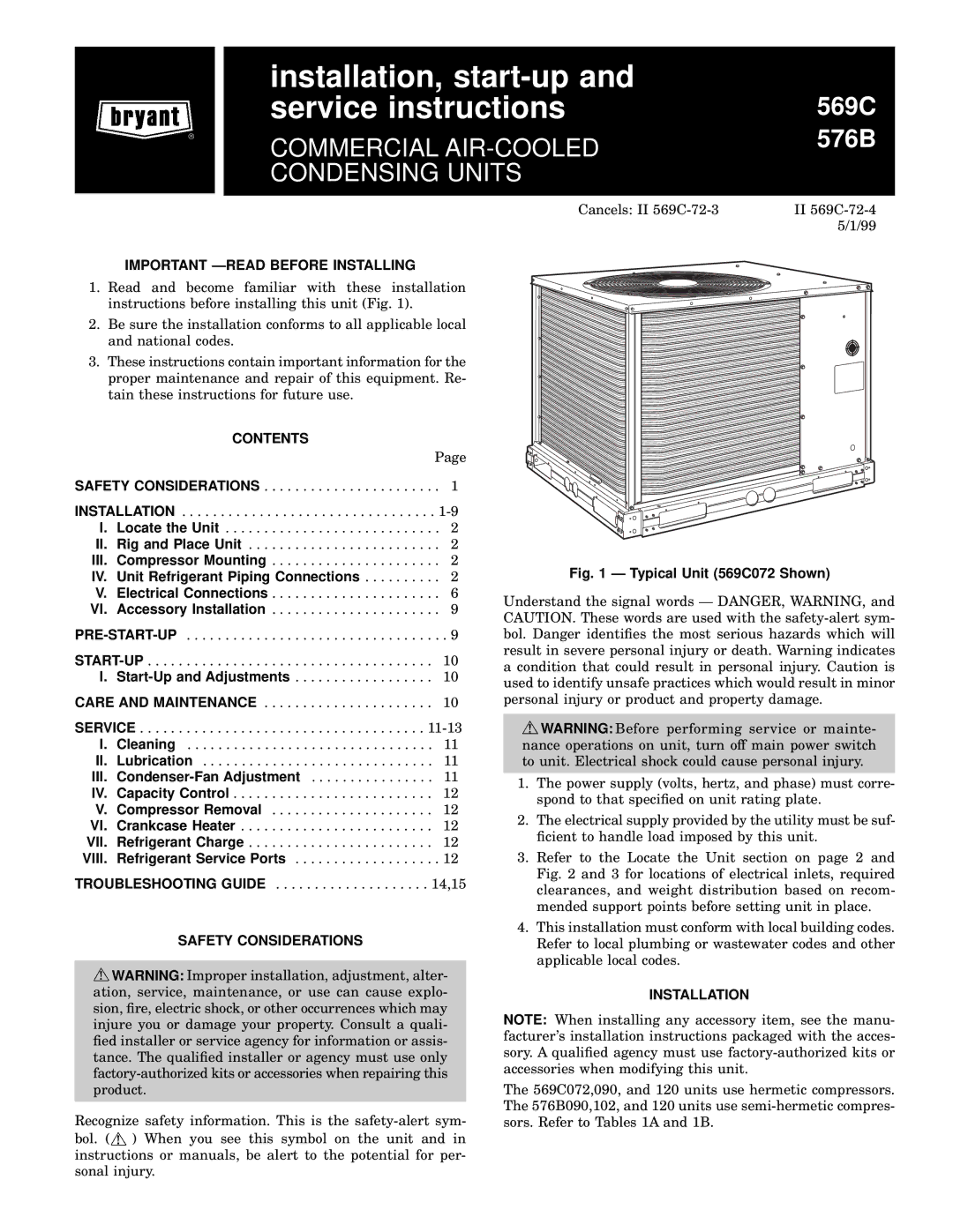 Bryant 569C installation instructions Important Ðread Before Installing, Contents, Safety Considerations, Installation 