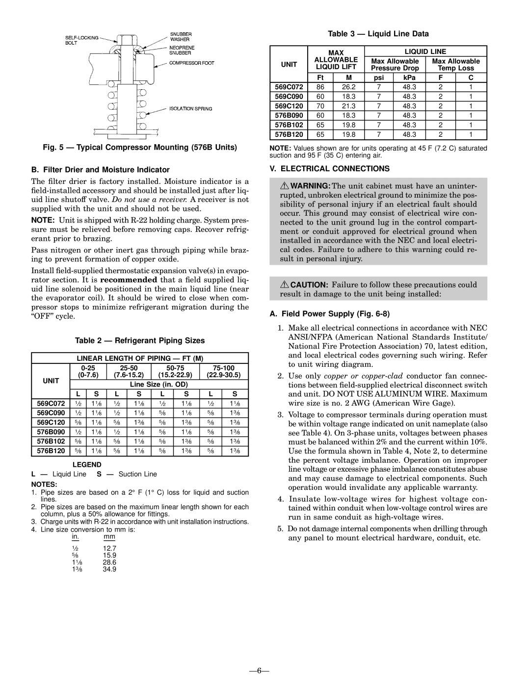 Bryant 569C Refrigerant Piping Sizes, Liquid Line Data, Electrical Connections, Field Power Supply Fig, Ð6Ð 