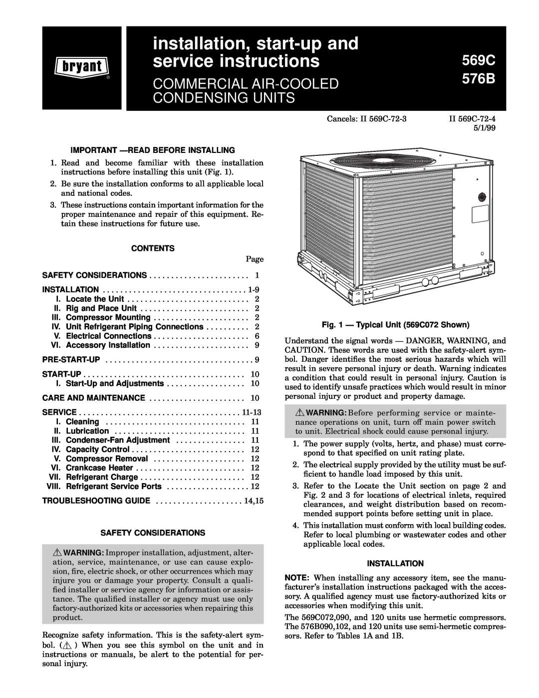 Bryant 569C installation instructions installation, start-upand, service instructions, Commercial Air-Cooled, 576B 