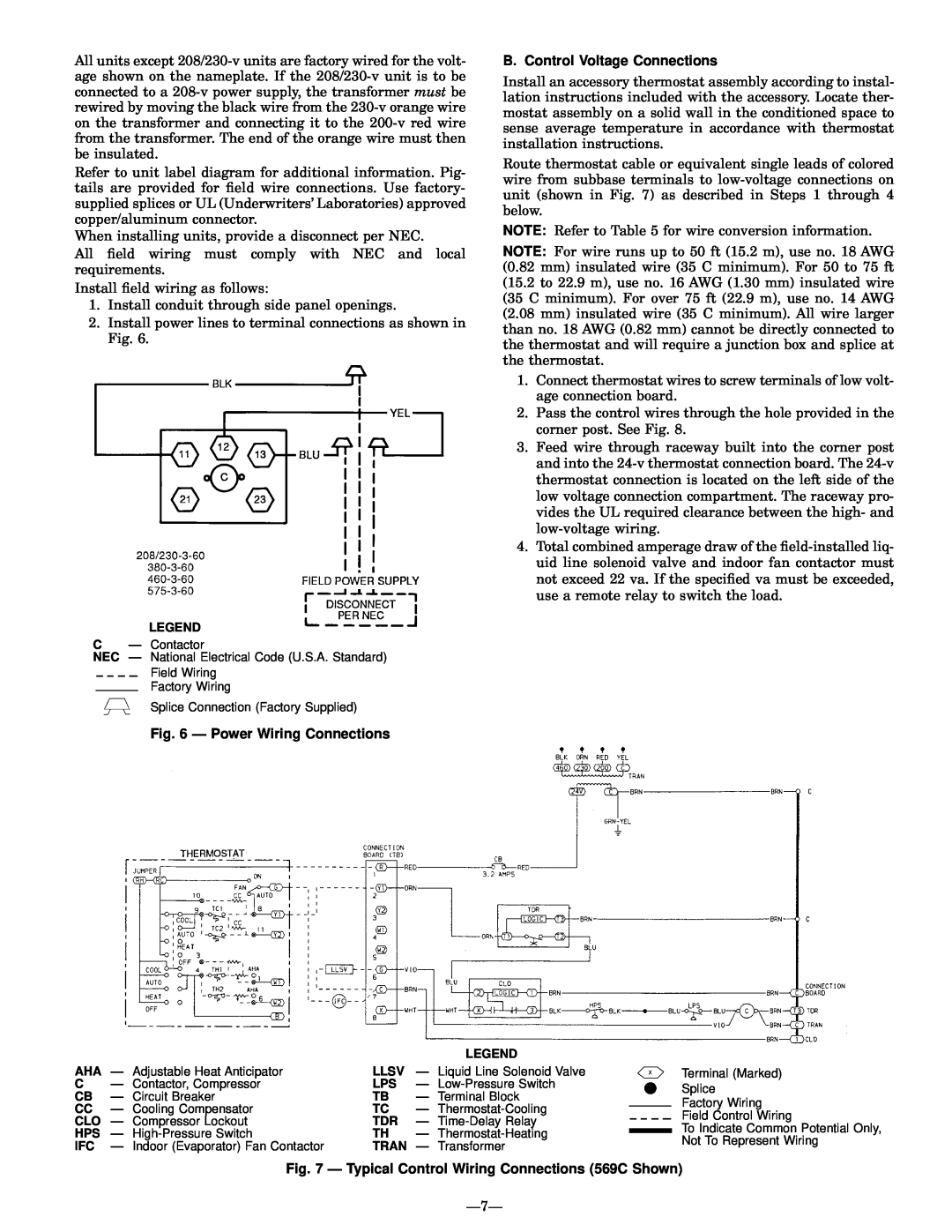 Bryant 569C installation instructions Ð Power Wiring Connections, B. Control Voltage Connections 