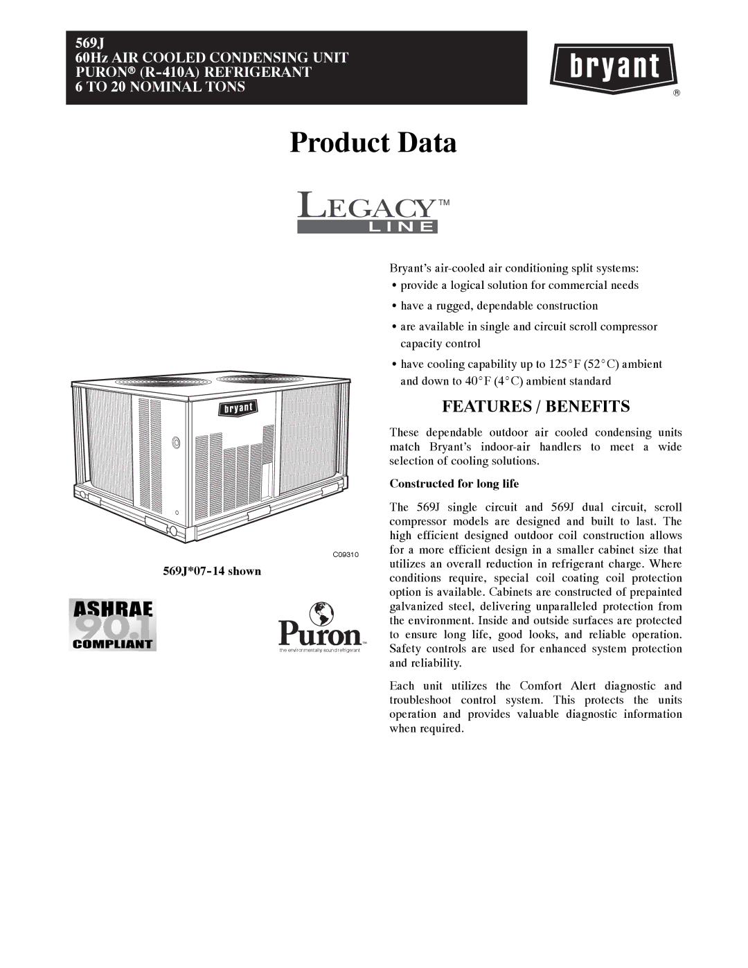 Bryant 569J manual Product Data, Features / Benefits 