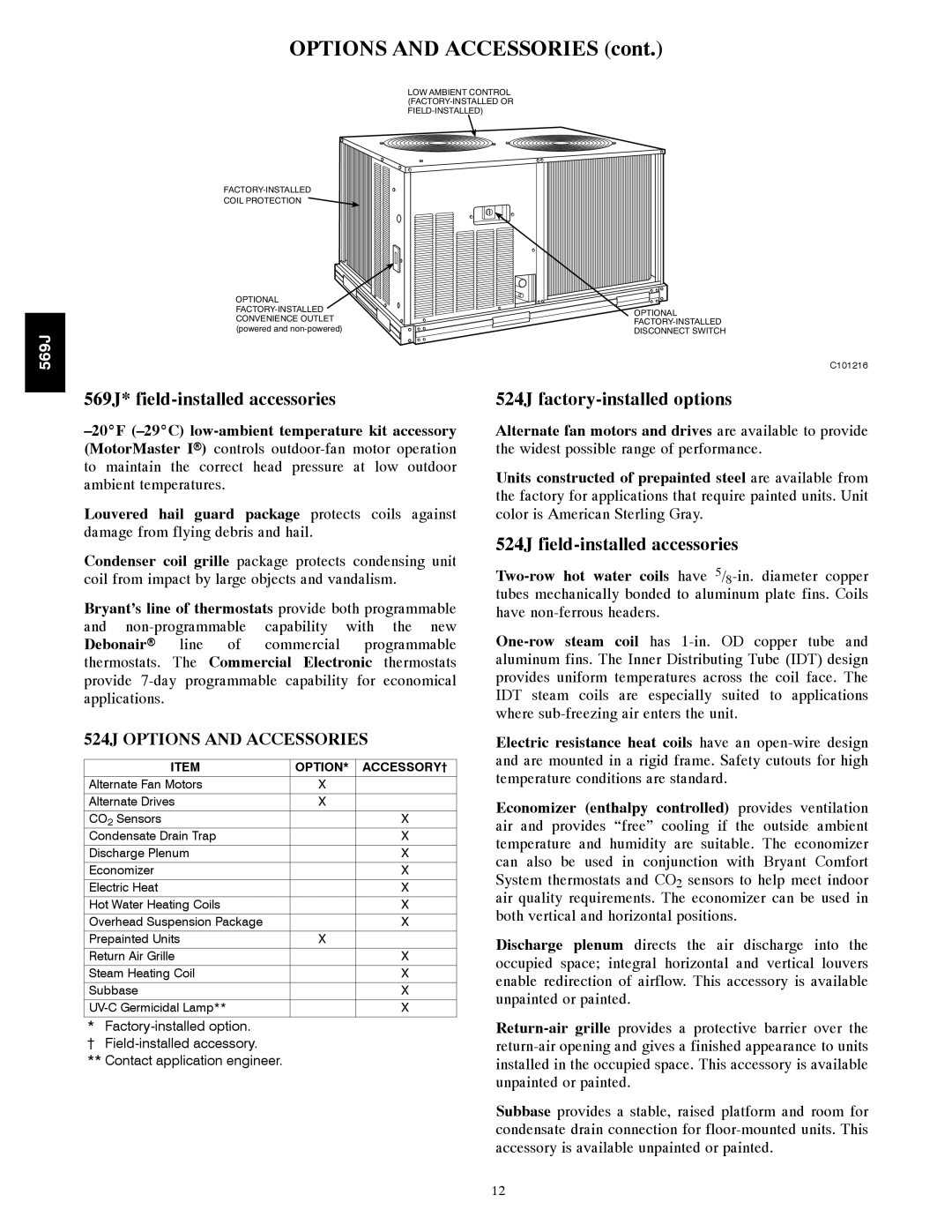 Bryant manual 569J* field-installed accessories, 524J factory-installed options, 524J field-installed accessories 