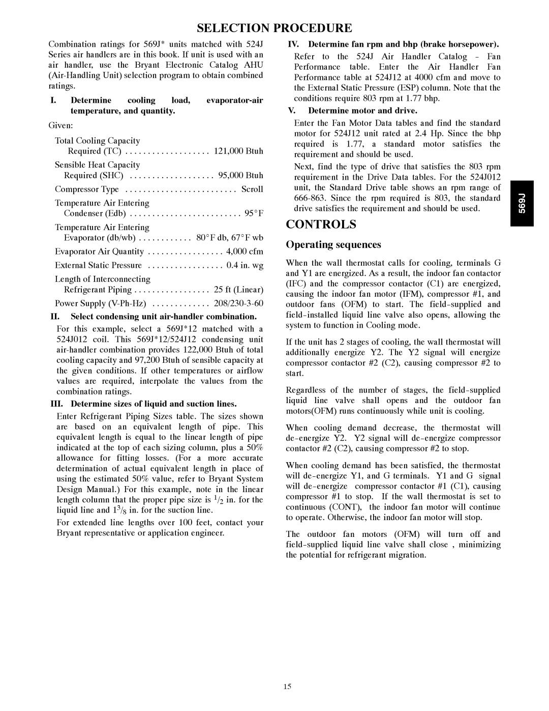 Bryant 569J manual Selection Procedure, Controls, Operating sequences 