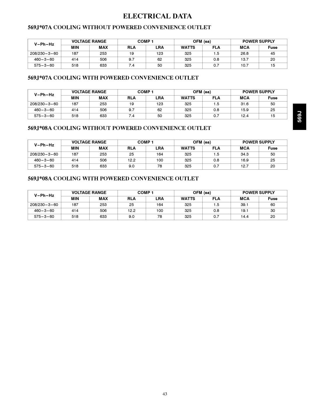 Bryant manual Electrical Data, 569J*07A Cooling Without Powered Convenience Outlet 