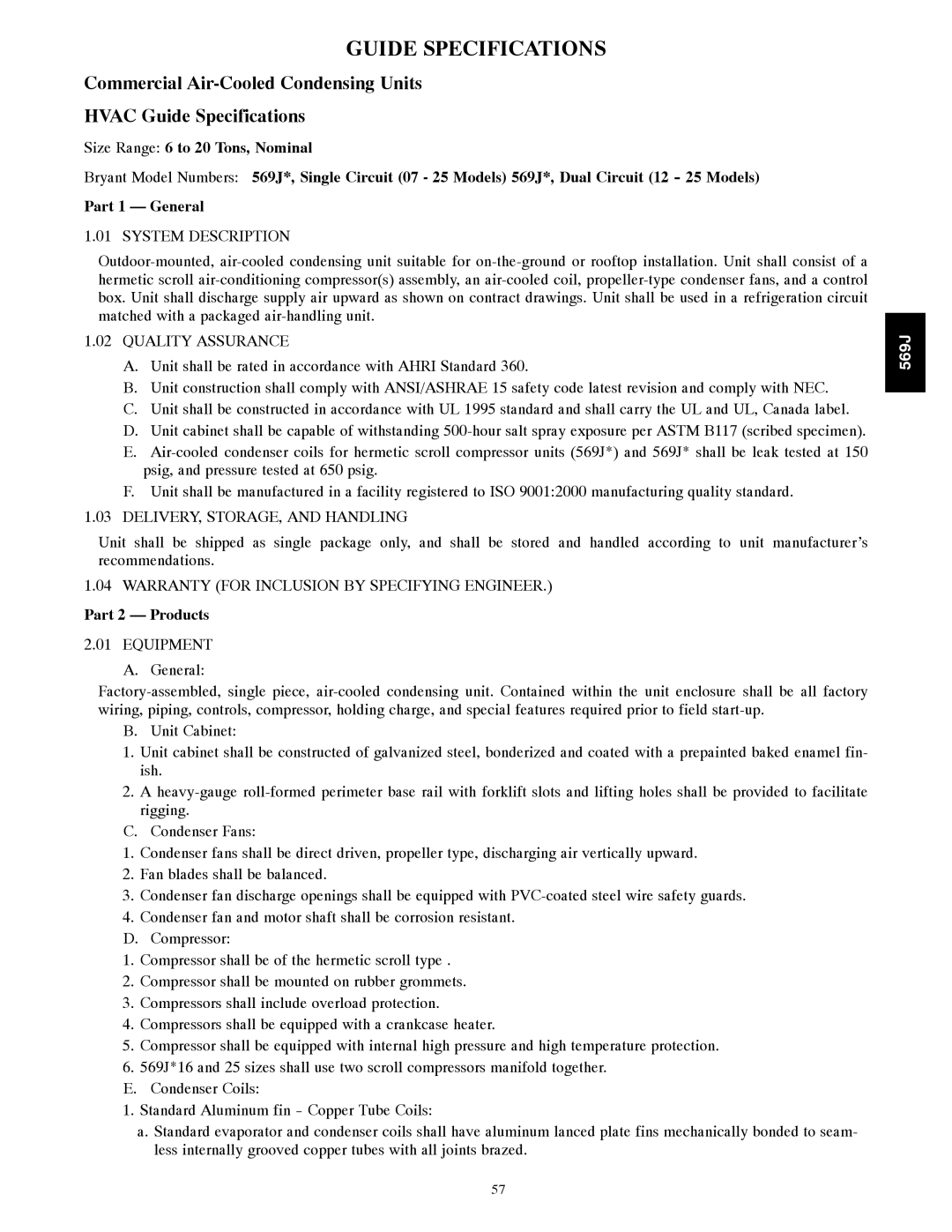 Bryant 569J manual Guide Specifications, System Description 