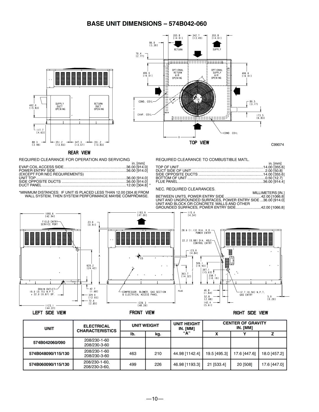 Bryant manual Base Unit Dimensions 574B042-060, Required Clearance for Operation and Servicing, NEC. Required Clearances 