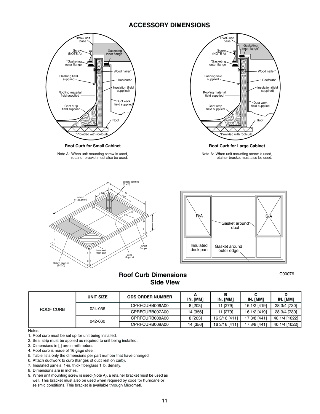 Bryant 574B manual Accessory Dimensions, Roof Curb Dimensions, Side View, Unit Size ODS Order Number 