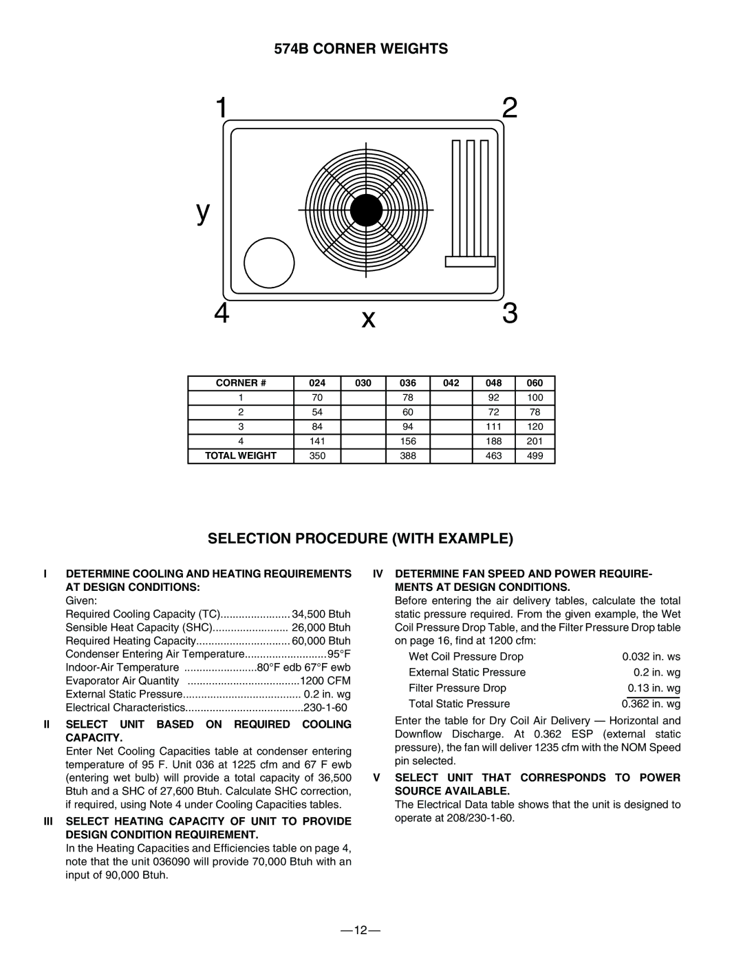 Bryant manual 574B Corner Weights, Selection Procedure with Example, II Select Unit Based on Required Cooling Capacity 