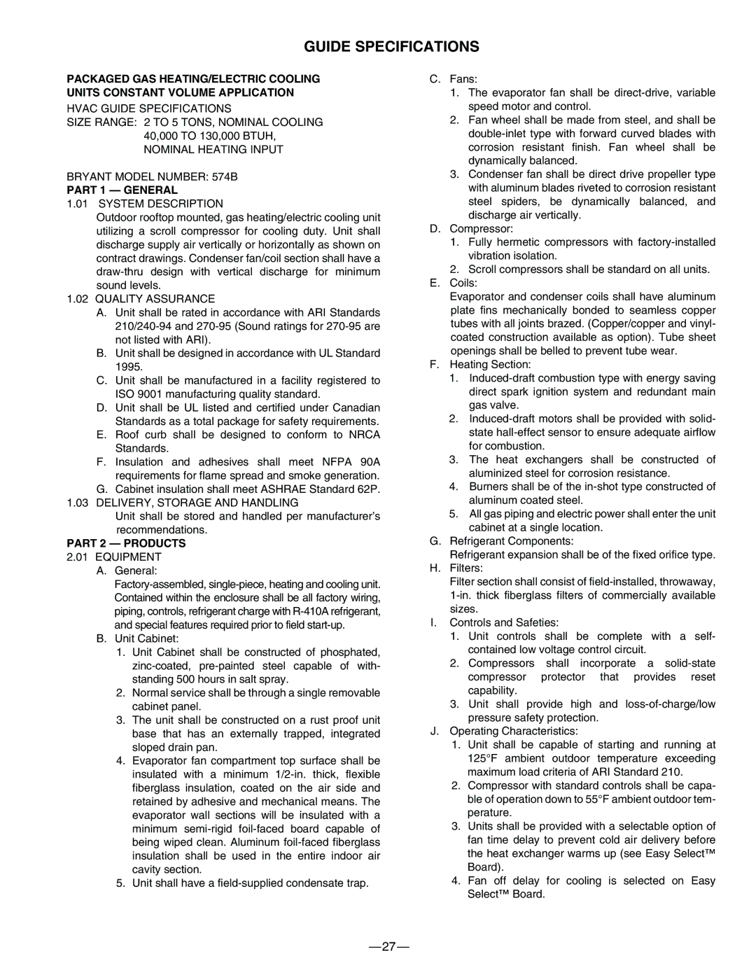 Bryant 574B manual Guide Specifications, Part 1 General, Part 2 Products 