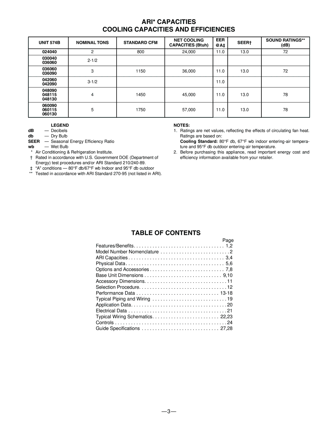 Bryant 574B manual ARI* Capacities Cooling Capacities and Efficiencies, Table of Contents 