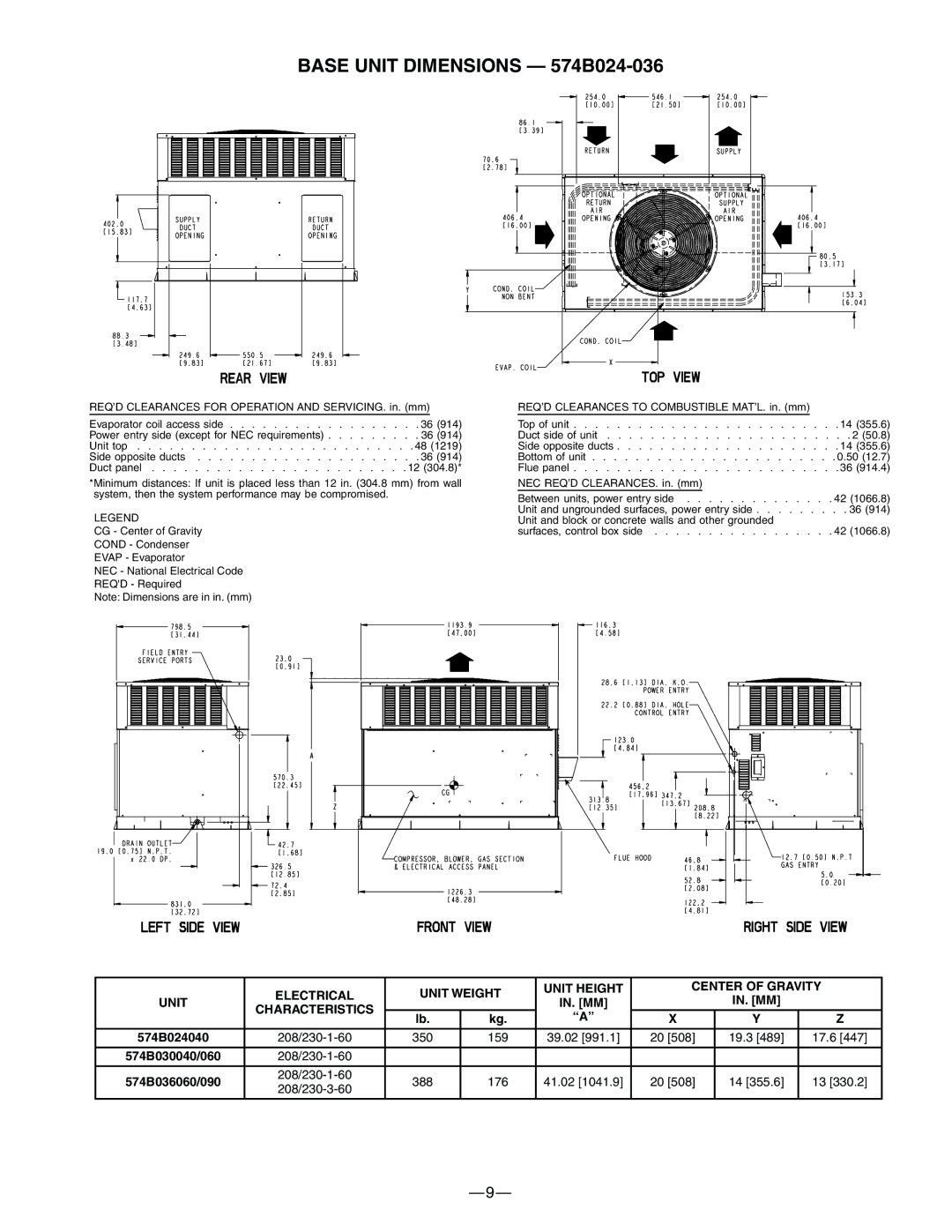 Bryant manual Base Unit Dimensions 574B024-036, Electrical Unit Weight Unit Height Center of Gravity, Characteristics 