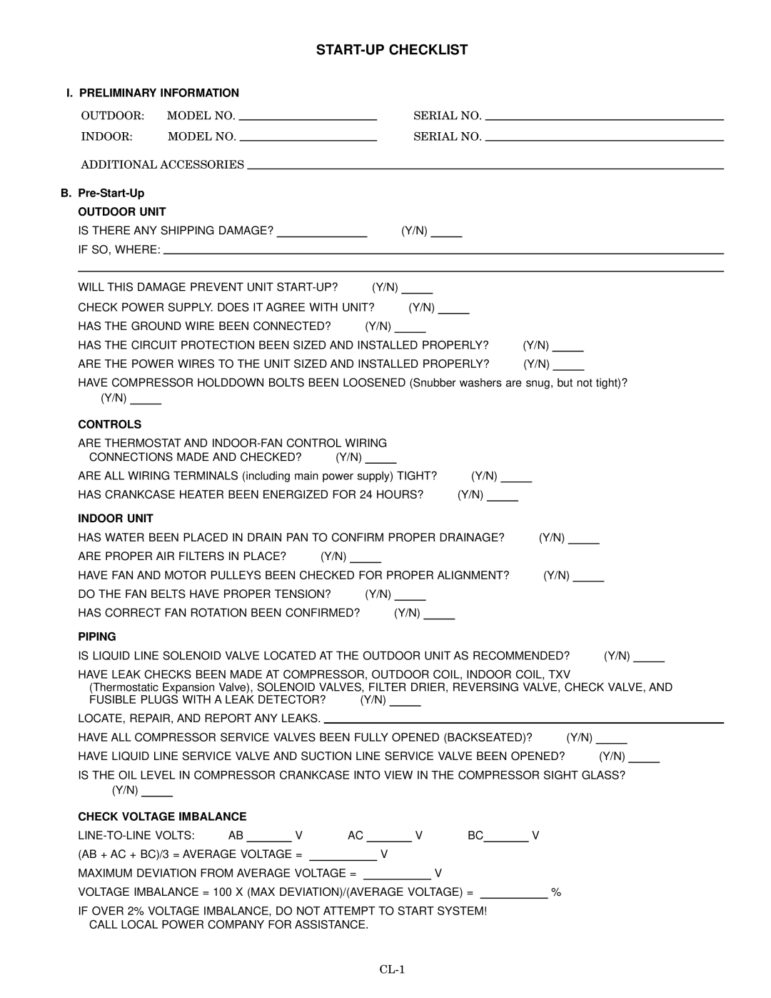 Bryant 575A Preliminary Information, Outdoor Unit, Controls, Indoor Unit, Piping, Check Voltage Imbalance 
