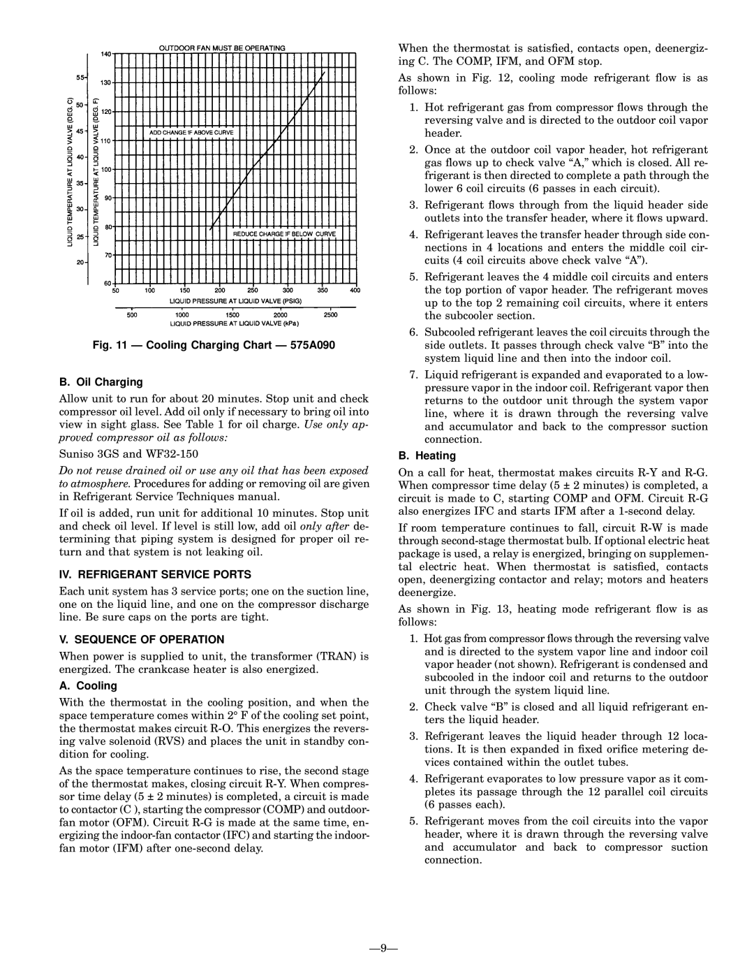 Bryant 575A installation instructions IV. Refrigerant Service Ports, Sequence of Operation, Cooling, Heating, Ð9Ð 