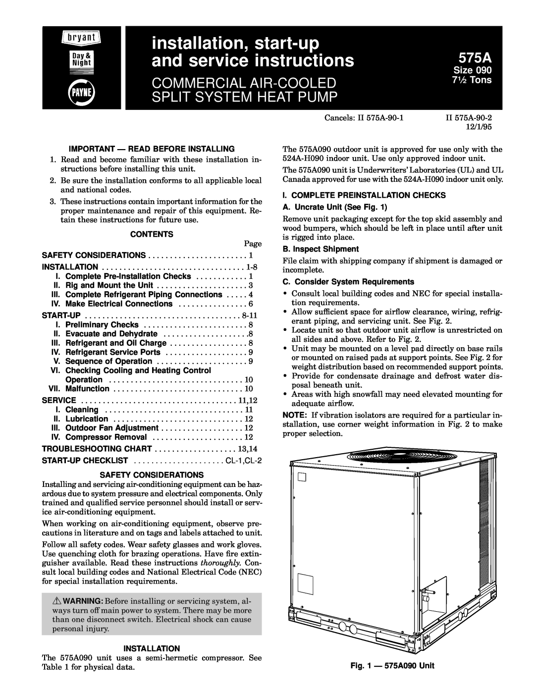 Bryant 575A installation instructions Important Ð Read Before Installing, Contents, Safety Considerations, Installation 