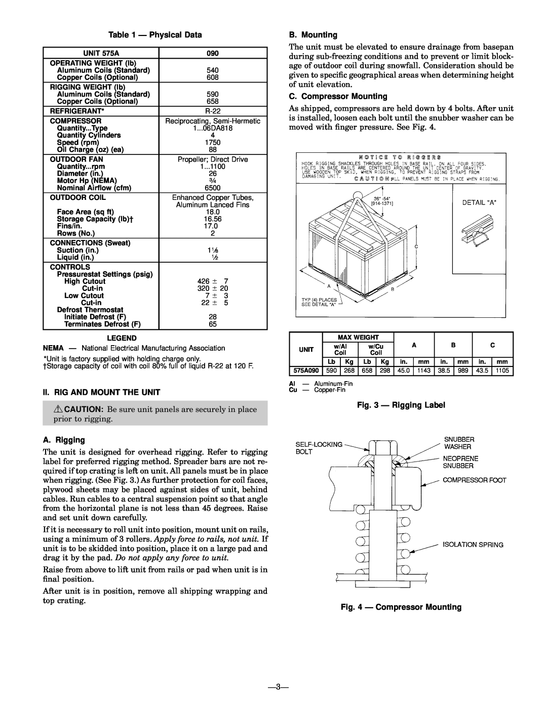 Bryant 575A Ð Physical Data, Ii.Rig And Mount The Unit, A.Rigging, B. Mounting, C. Compressor Mounting, Ð Rigging Label 