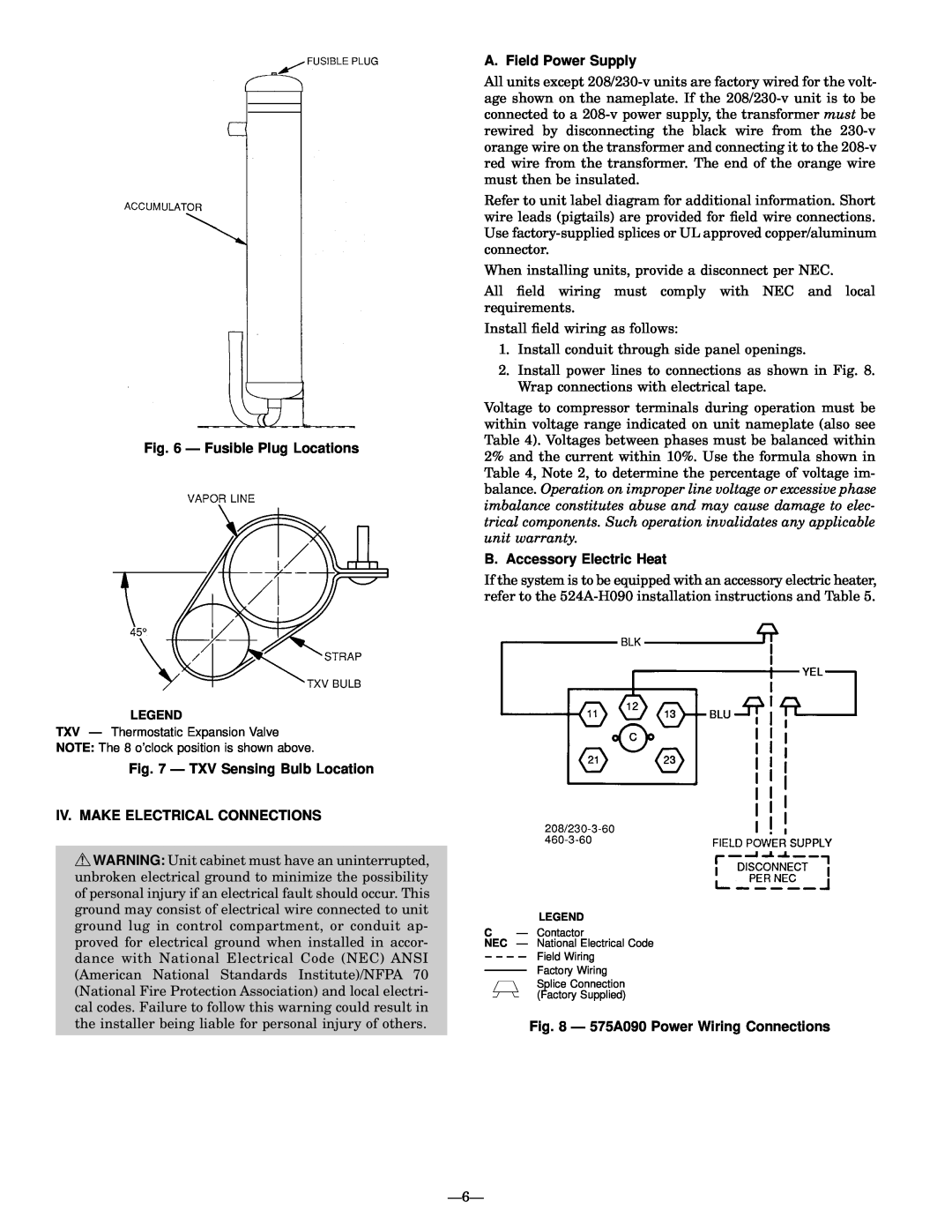 Bryant 575A Ð Fusible Plug Locations, A. Field Power Supply, B. Accessory Electric Heat, Ð TXV Sensing Bulb Location 