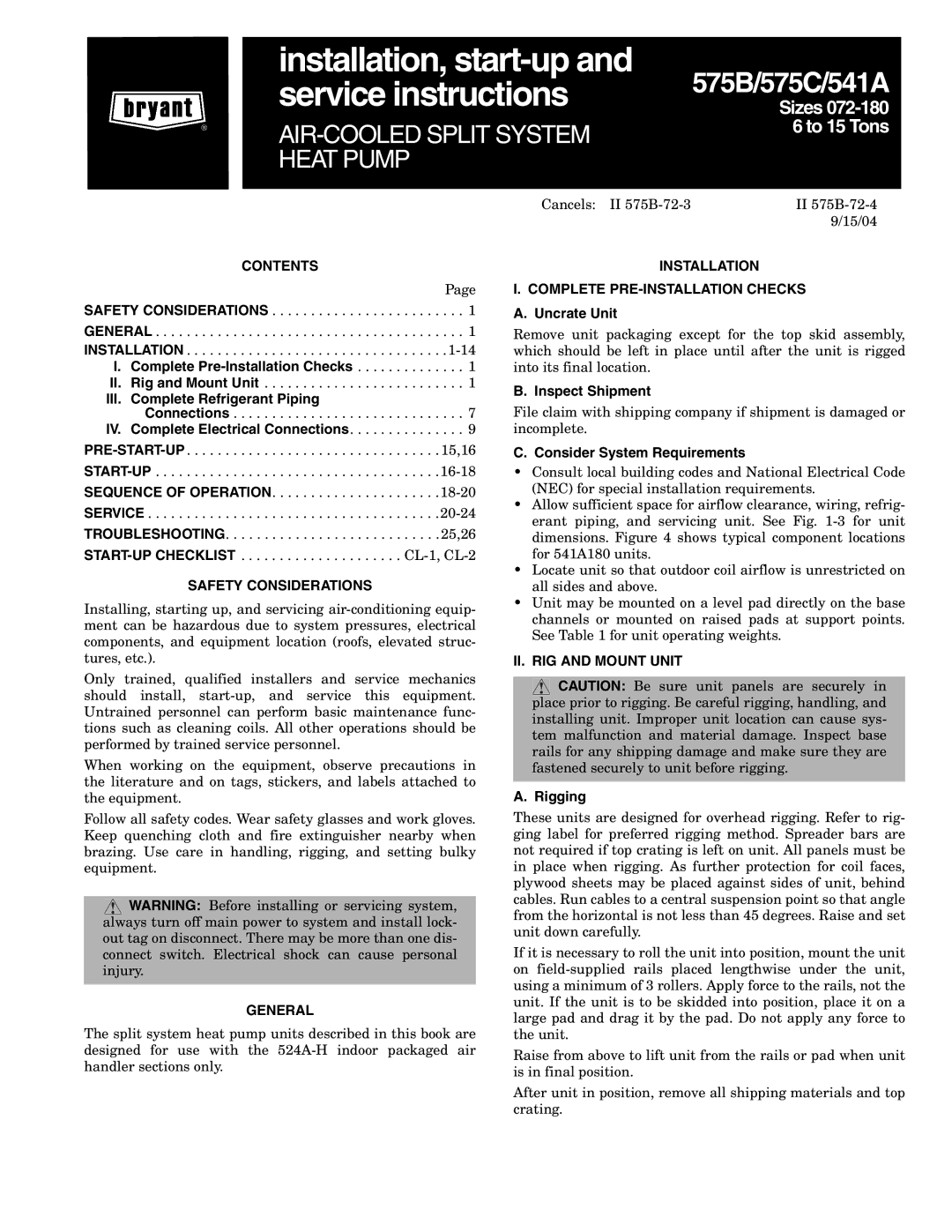 Bryant 575B, 575C, 541A dimensions Contents, Safety Considerations, General, Installation Complete PRE-INSTALLATION Checks 