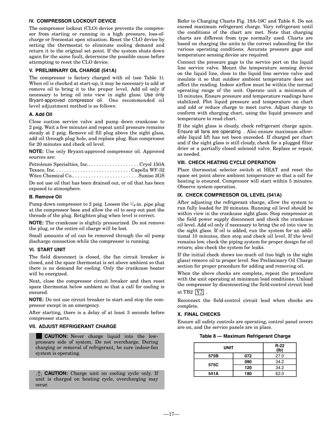 Bryant 575C IV. Compressor Lockout Device, Preliminary OIL Charge 541A, VI. Start Unit, VII. Adjust Refrigerant Charge 