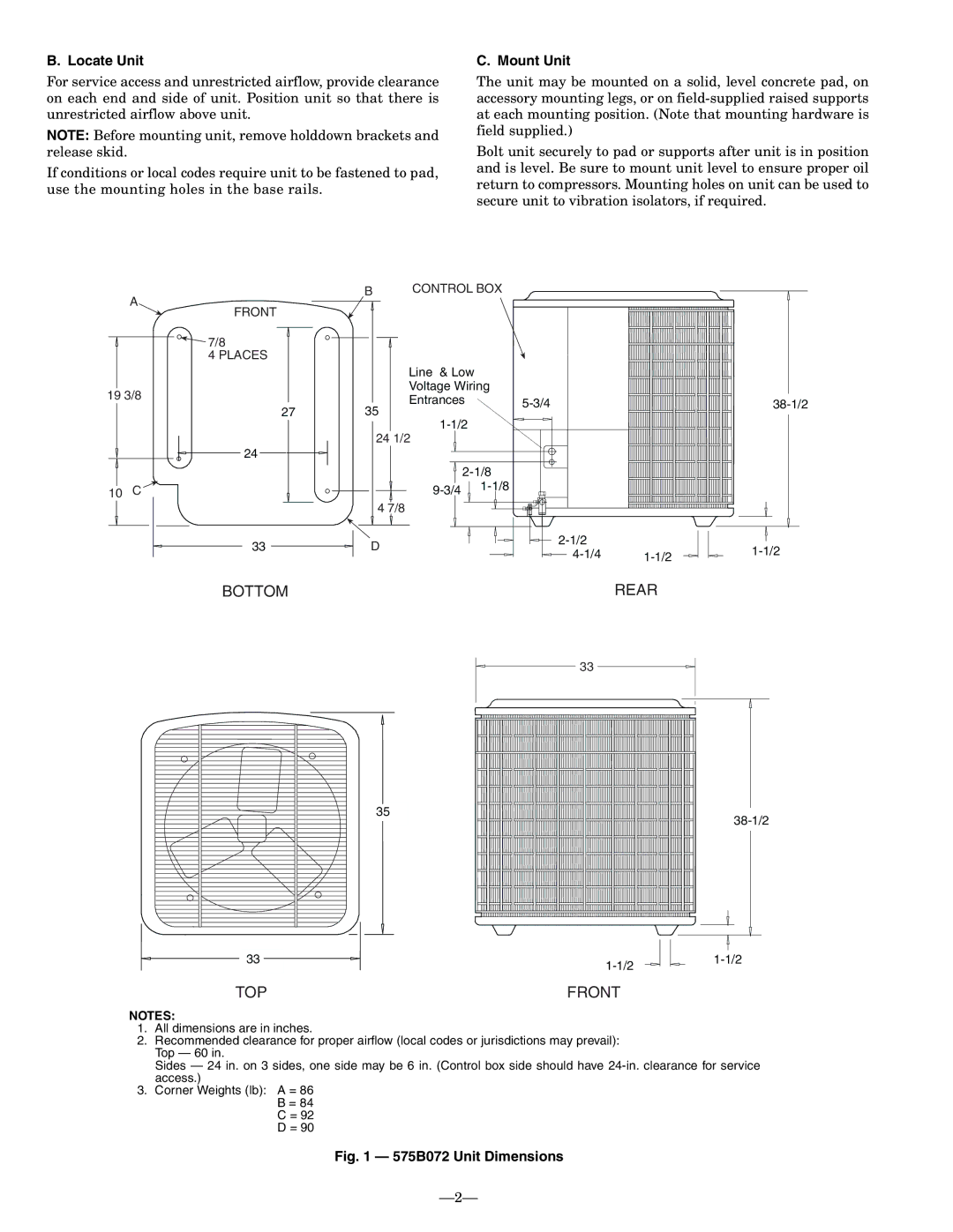 Bryant 541A, 575C, 575B dimensions Locate Unit, Mount Unit 