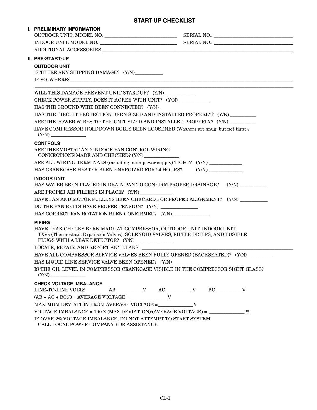 Bryant 575C Preliminary Information, II. PRE-START-UP Outdoor Unit, Controls, Indoor Unit, Piping, Check Voltage Imbalance 