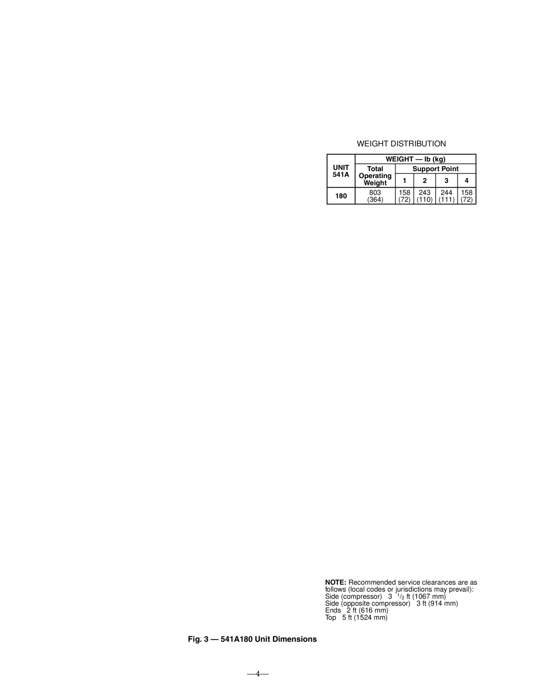 Bryant 575B, 575C, 541A dimensions Weight lb kg, Unit, 180 803 158, 244, 364 