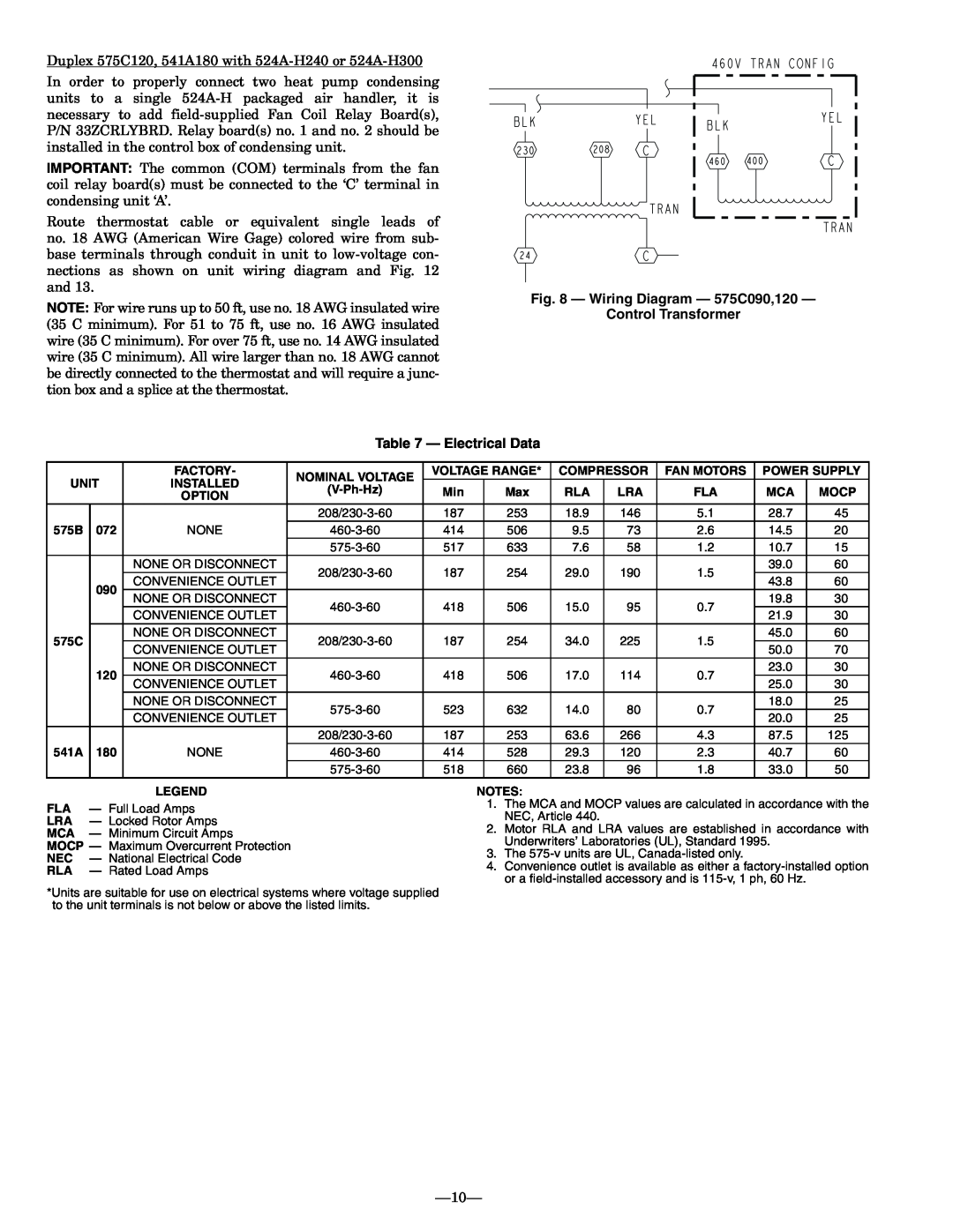 Bryant 575B, 541A dimensions Wiring Diagram - 575C090,120, Control Transformer, Electrical Data 