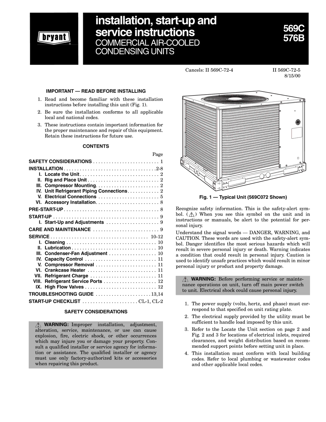 Bryant 576b installation instructions Important Read Before Installing, Contents, Safety Considerations 