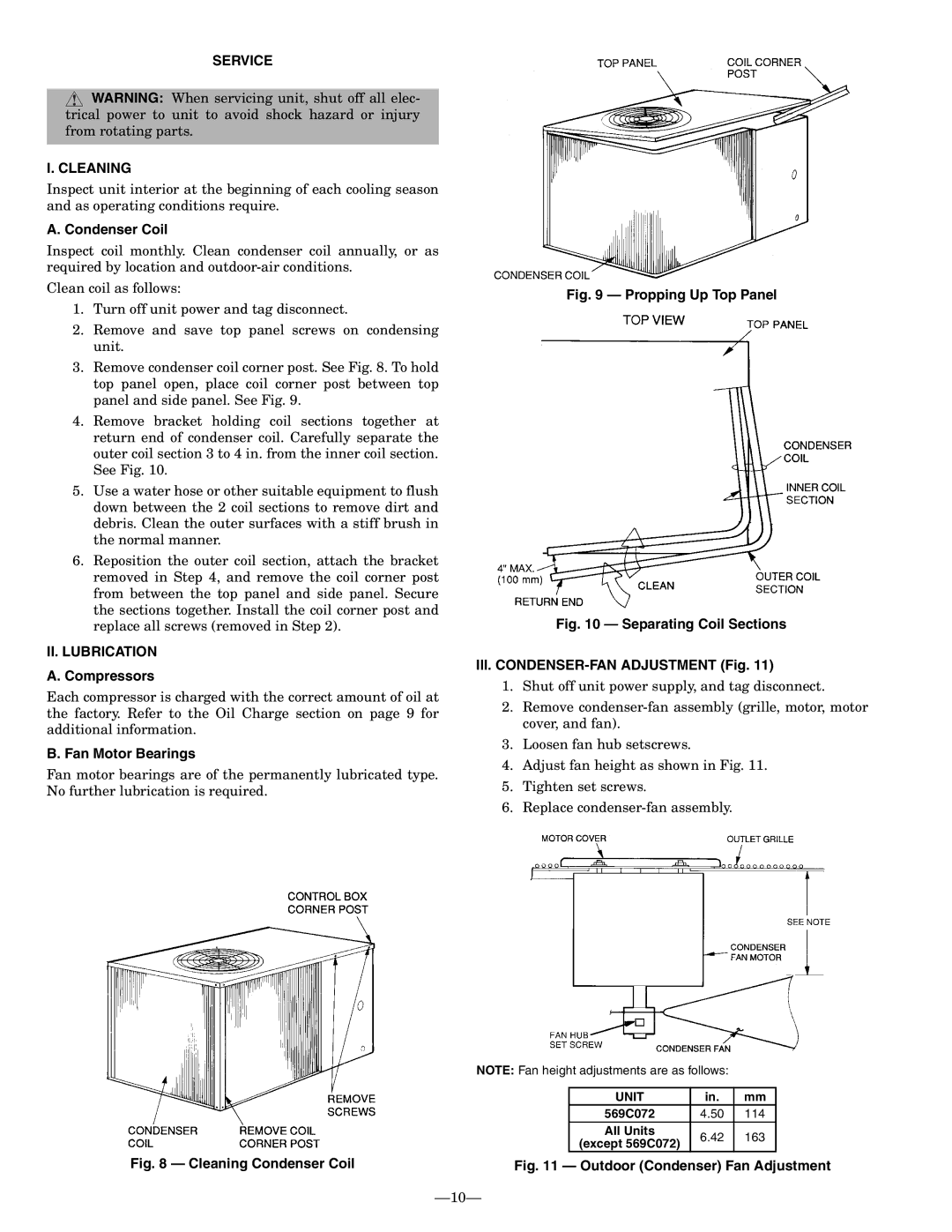 Bryant 576b installation instructions Service Cleaning, Condenser Coil, II. Lubrication, Compressors, Fan Motor Bearings 