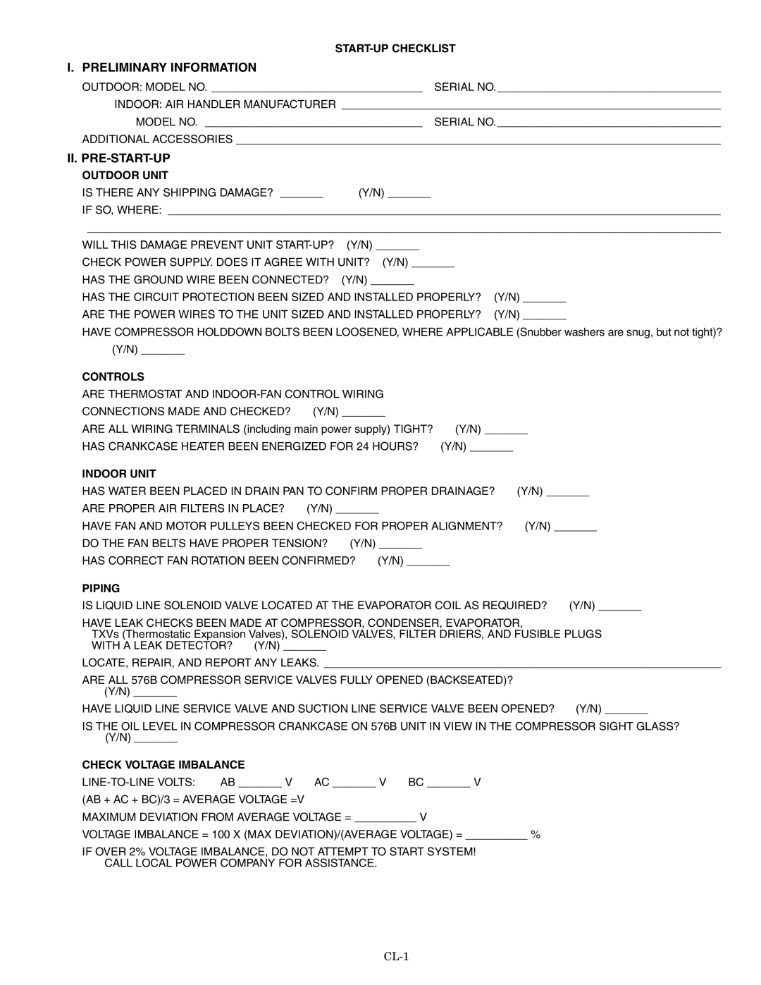 Bryant 576b START-UP Checklist, Outdoor Unit, Controls, Indoor Unit, Piping, Check Voltage Imbalance 