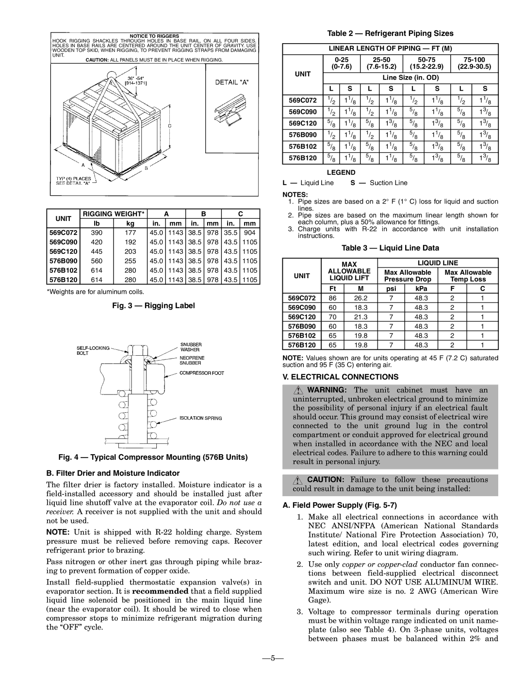 Bryant 576b installation instructions Refrigerant Piping Sizes, Liquid Line Data, Field Power Supply Fig 