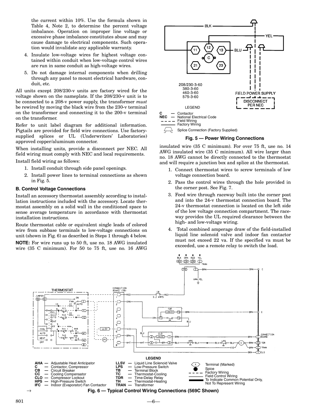 Bryant 576b installation instructions Control Voltage Connections, Power Wiring Connections 