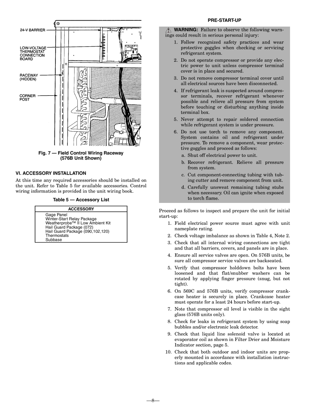 Bryant 576b installation instructions VI. Accessory Installation, Accessory List, Pre-Start-Up 