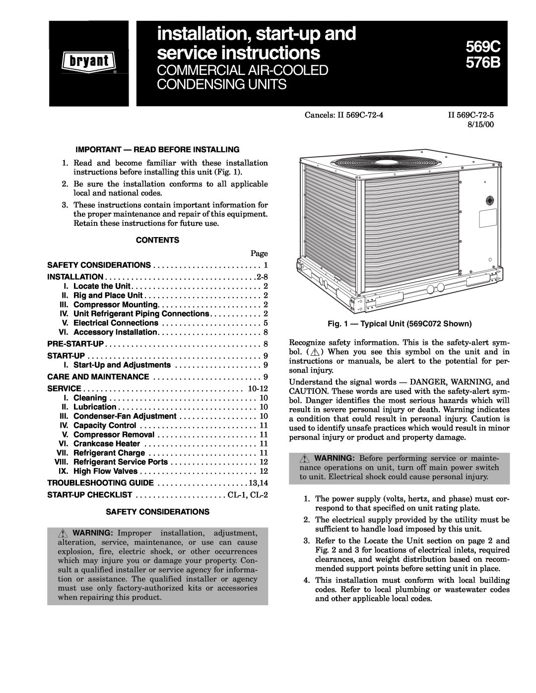 Bryant 576b installation instructions Important - Read Before Installing, Contents, Typical Unit 569C072 Shown, 576B 