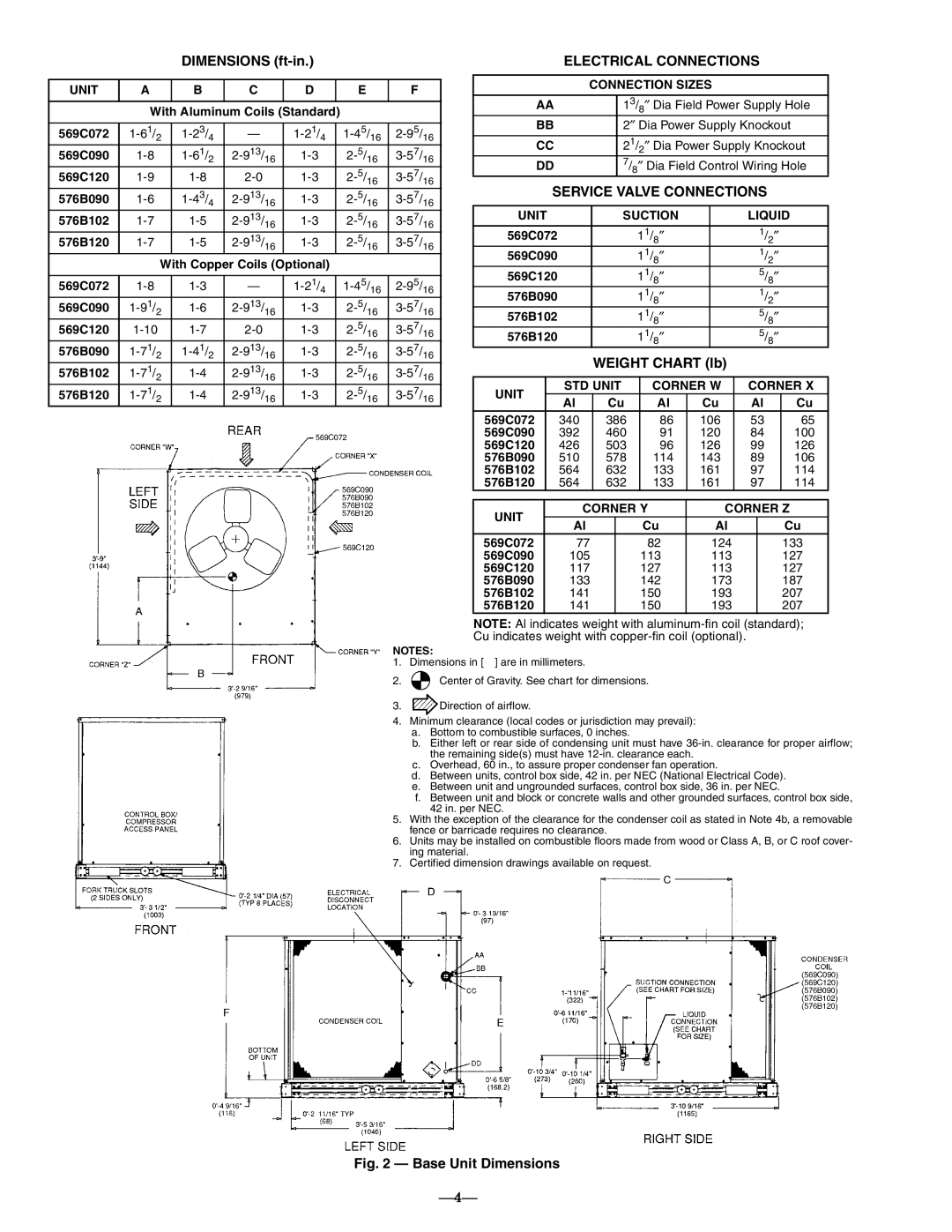 Bryant 576b DIMENSIONS ft-in, Electrical Connections, Service Valve Connections, WEIGHT CHART lb, Base Unit Dimensions 