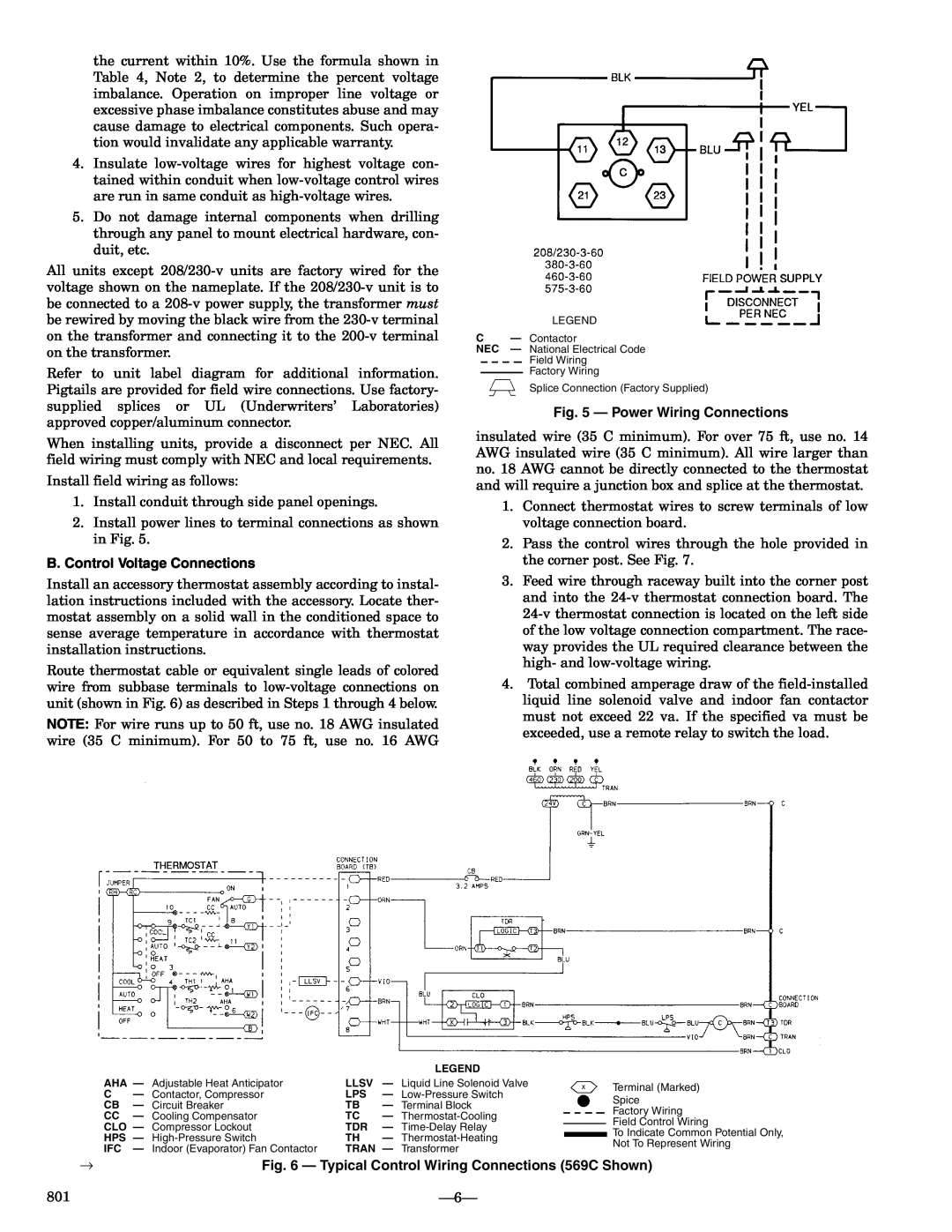 Bryant 576b installation instructions B.Control Voltage Connections, Power Wiring Connections 