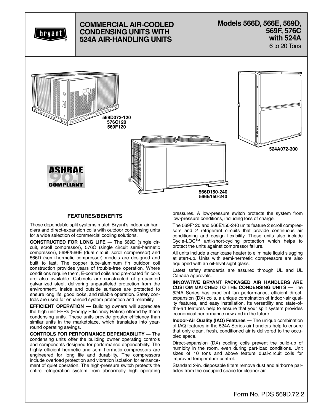 Bryant 569D, 576C, 566E, 569F, 566D manual 524A AIR-HANDLING Units, Features/Benefits 