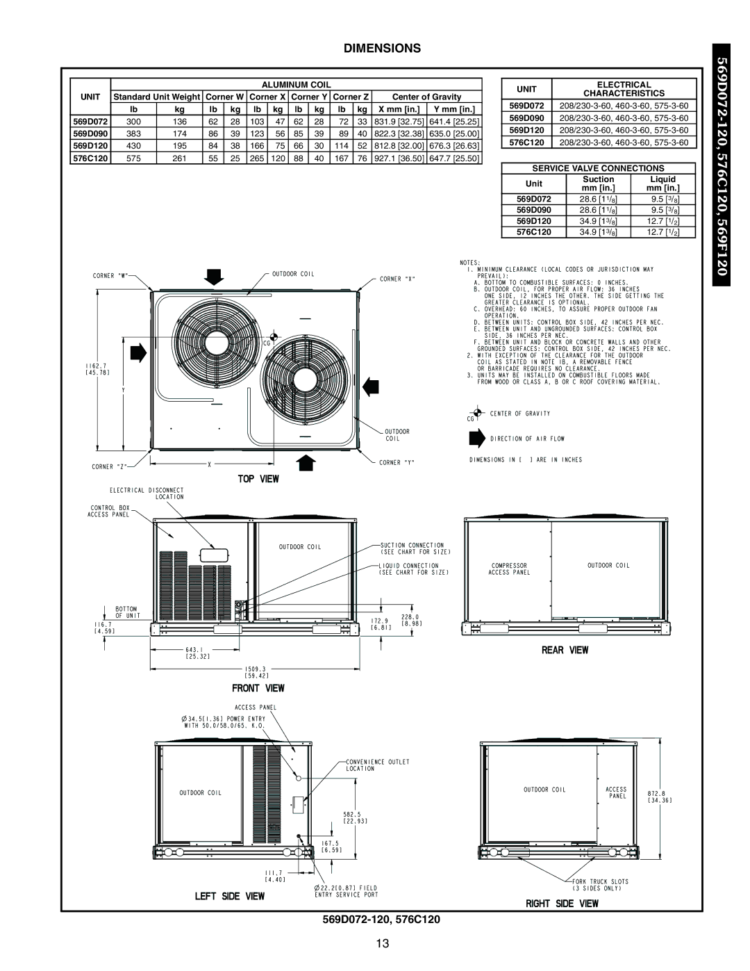 Bryant 569F, 566E, 566D manual Dimensions, 569D072-120, 576C120 