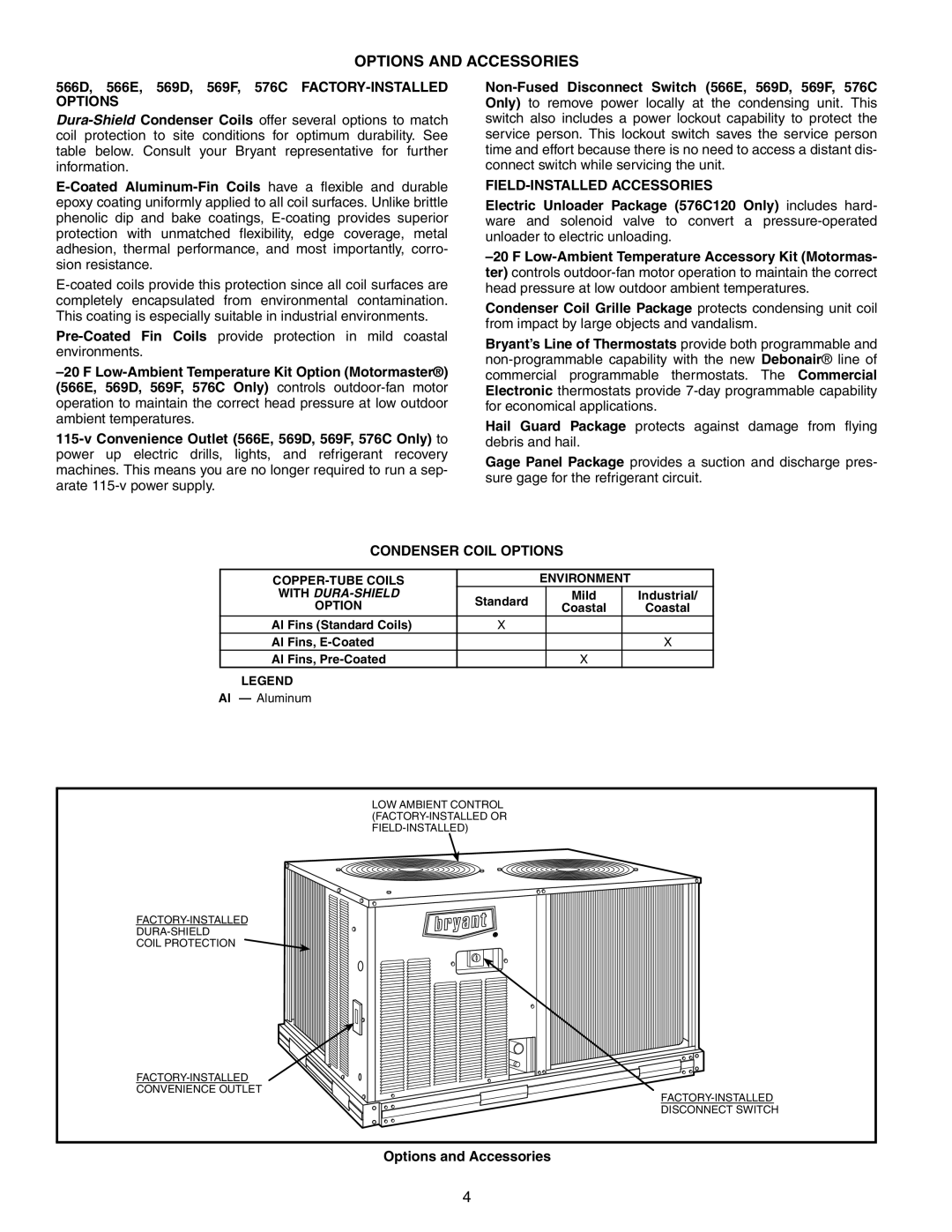 Bryant Options and Accessories, 566D, 566E, 569D, 569F, 576C FACTORY-INSTALLED Options, FIELD-INSTALLED Accessories 