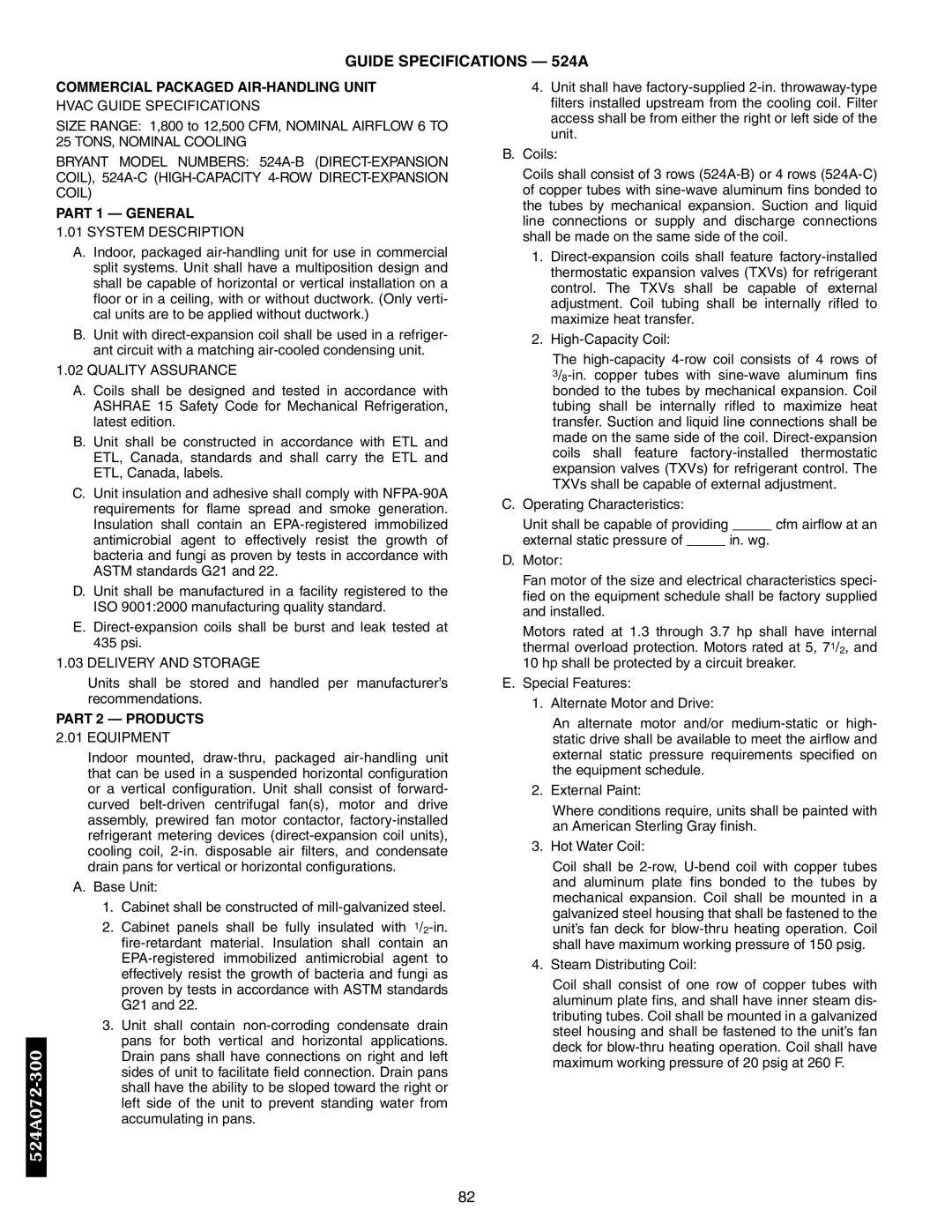 Bryant 566E, 576C, 569D, 569F, 566D manual Guide Specifications 524A, Commercial Packaged AIR-HANDLING Unit 