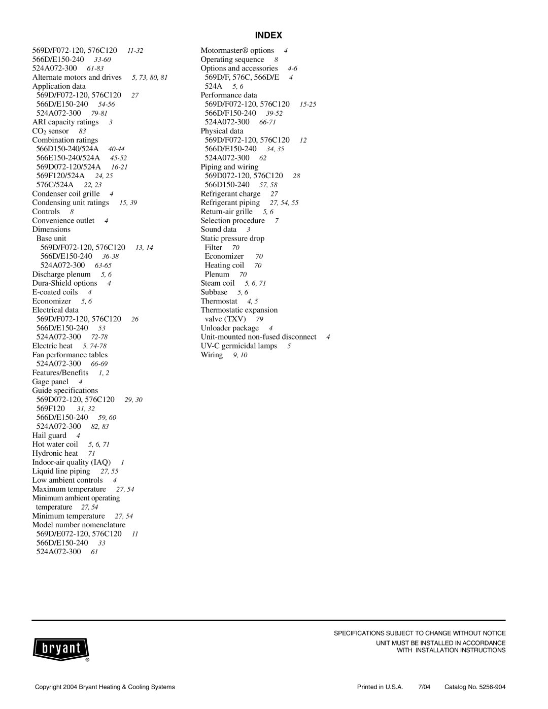 Bryant 566D, 576C, 569D, 566E, 569F manual Index 