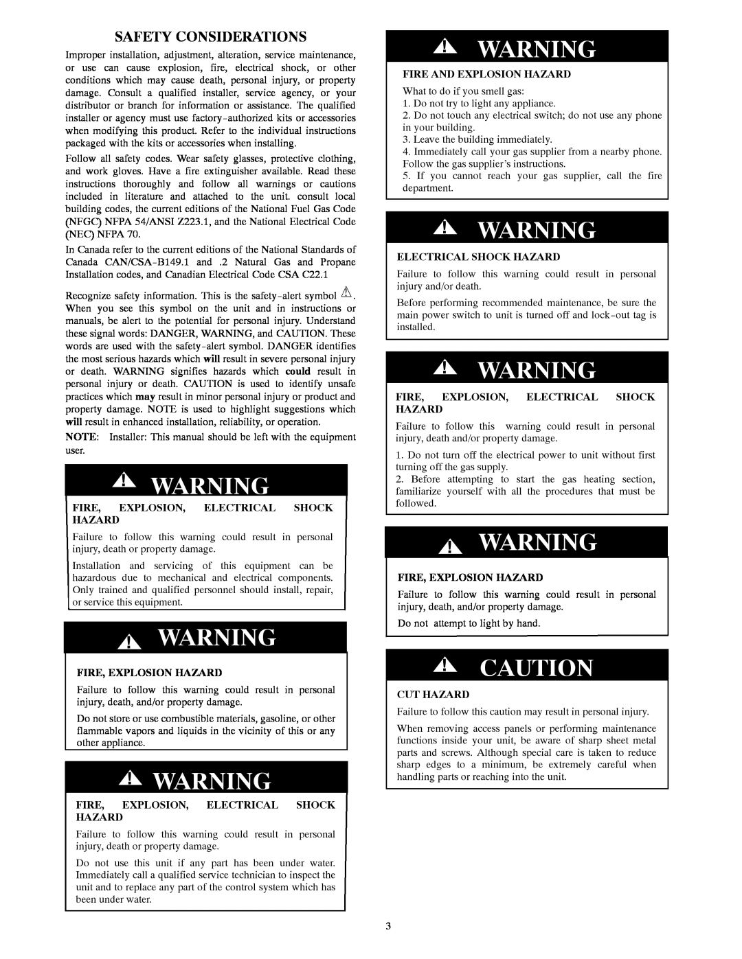 Bryant 574D, 577C manual Safety Considerations, Fire, Explosion, Electrical Shock Hazard, Fire, Explosion Hazard, Cut Hazard 