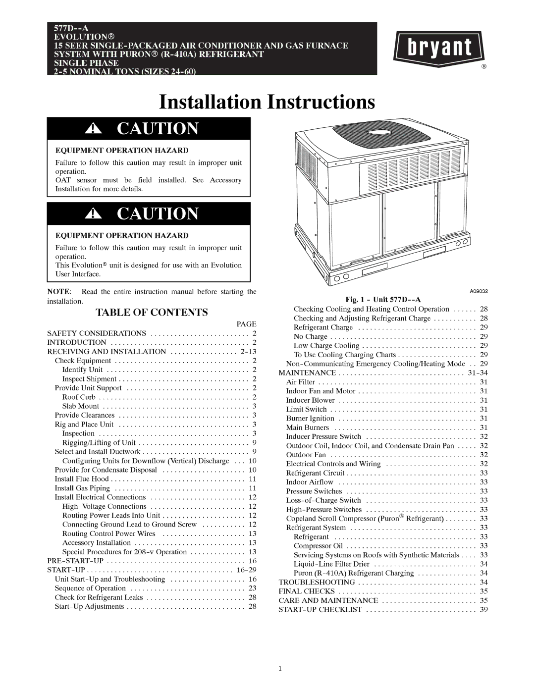 Bryant 577D----A installation instructions Installation Instructions, Table of Contents 